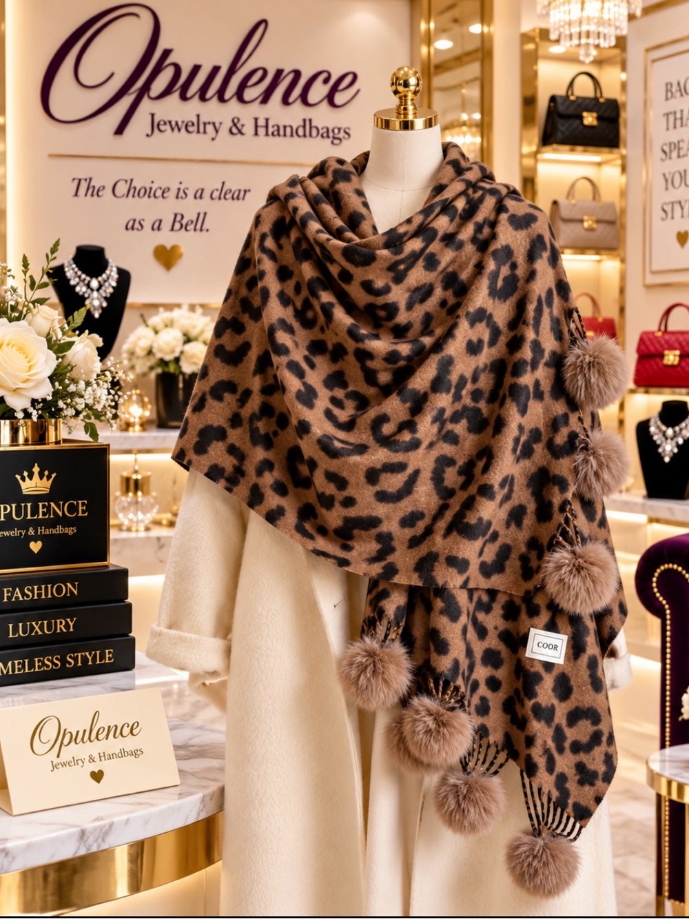 Leopard Print Brown Shawl Scarf with Pom Poms
